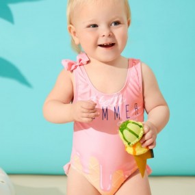 Baby Girl Letter Graphic Frill Trim One Piece Swimsuit