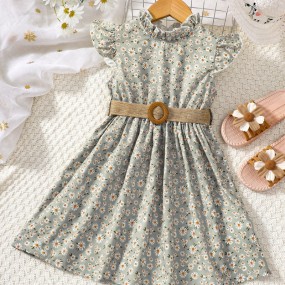 Toddler Girls Ditsy Floral Print Ruffle Trim Belted Dress