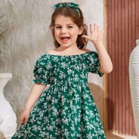 SHEIN Toddler Girls Floral Print Puff Sleeve Ruffle Hem Dress With Headband