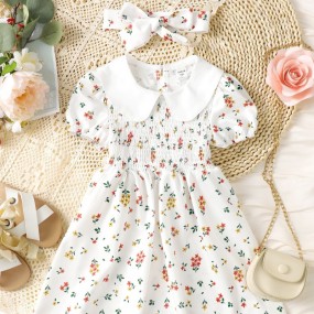 Toddler Girls Ditsy Floral Print Peter Pan Collar Puff Sleeve Dress With Headband