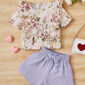 SHEIN Baby Floral Print Ruffle Trim Top & Bow Front Shorts