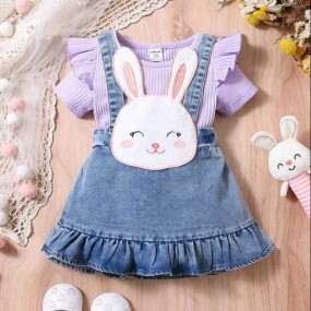 Baby Ruffle Trim Tee & Cartoon Graphic Overall Dress