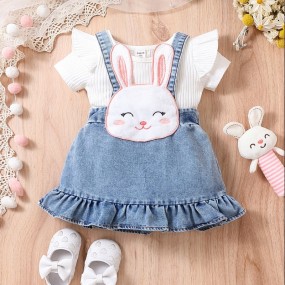Baby Girl Ruffle Trim Tee & Cartoon Graphic Overall Dress