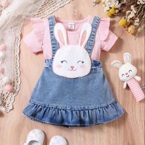 Baby Girl Ruffle Trim Tee & Cartoon Graphic Overall Dress