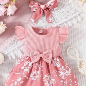Baby Girl Butterfly Print Butterfly Sleeve Layer Ruffle Hem Dress