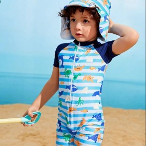Young Boy Cartoon Graphic Zip Front One Piece Swimsuit With Swim Cap