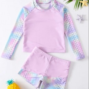Young Girl Fish Scale Print High Neck Shorts Tankini Summer Beach