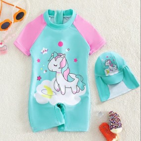 SHEIN Baby Girl Cartoon Graphic Raglan Sleeve One Piece Swimsuit & Swim Cap
