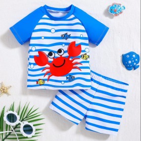 SHEIN 2pcs Set Baby Boy Cute Casual Summer Crab Pattern Striped Patchwork Swimsuit Swimming Trunks, Suitable For Beach, Pool, Holiday