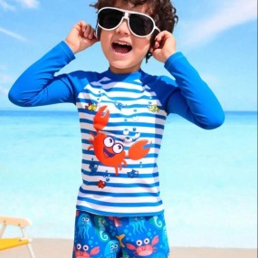 Young Boy Striped & Cartoon Graphic Beach Swimsuit