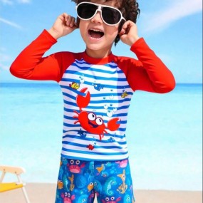Young Boy Cartoon Crab & Fish Print Color Block Raglan Sleeve Swimsuit Set
