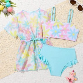 SHEIN Baby Girl Floral Print Ruffle Trim Beachwear With Kimono Summer Beach