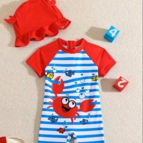 Baby Boy Striped & Cartoon Graphic One Piece Swimsuit With Swim Cap