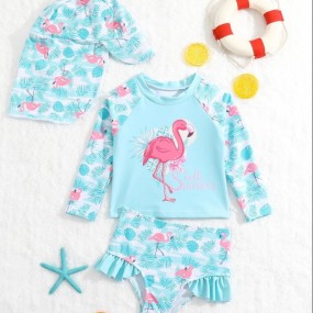 Baby Girl Flamingo Print Ruffle Trim Swimsuit With Hat