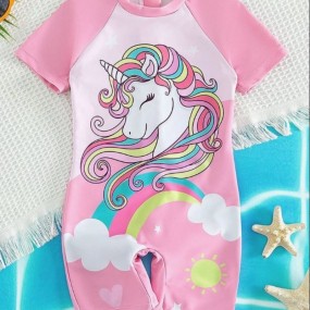Toddler Girls Unicorn Print Contrast Raglan Sleeve One Piece Swimsuit