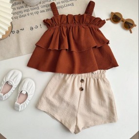 SHEIN Baby girl Cute Summer Vacation Ruffle Strap Top And Shorts Set