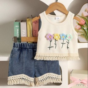 2pcs Set Baby Girl Bohemian Style 3D Floral Tassel Vest Top And Tassel Pocket Denim Shorts Set