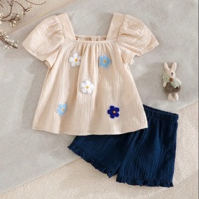Cozy Pixies Baby Girl 3D Floral Collar Bubble Short Sleeve Top And Elastic Waist Long Pants 2pcs Set