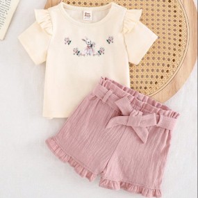 Cozy Pixies Baby Girl Cute Floral & Rabbit Cartoon Print Round Neck Short Cap Sleeve Pullover Top And Elastic Waist Bow Decor Casual Shorts 2 Pieces Set, All-Match Versatile, Korean Style, Adorable, S