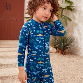 Young Boy Coconut Tree & Sailboat Print Raglan Sleeve One Piece Swimsuit