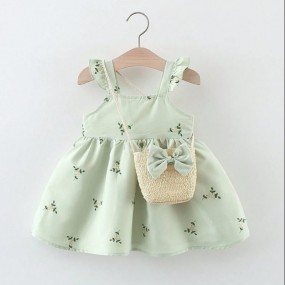Baby Girl Summer Embroidered Ditsy Floral Strap Dress With Bag