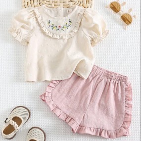 Cozy Pixies Baby Girl 2pcs Set Botanical Floral Print Puff Sleeve Crew Neck Top And Elasticated Waist Ruffle Hem Shorts Spring Summer Clothes Set