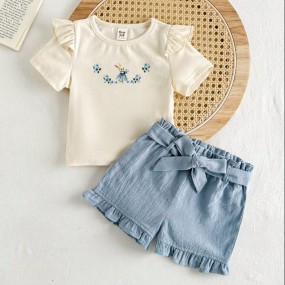 Cozy Pixies Baby Girl Cute Floral Cartoon Little Rabbit Pattern Round Neck Cap Sleeve Pullover Top With Ruffle Hem & Elastic Waist Decorated With Bowknot Casual Shorts 2pcs Set