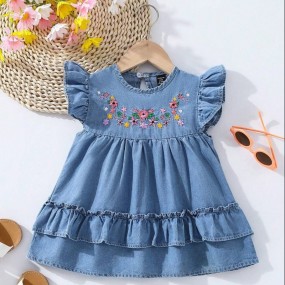 Baby Girl Spring Rural Style Folk Flower Embroidery Detail Loose Denim Dress With Flutter Sleeves And Ruffle Trim