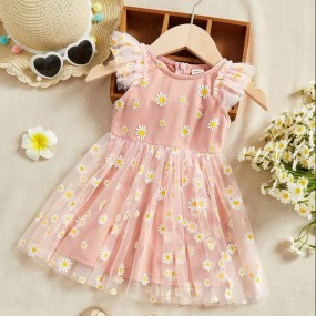 SHEIN Baby Girl Floral Print Ruffle Trim Mesh Overlay Dress