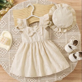 2Pcs Infant Toddler Girls Casual Resort Chic Floral Openwork Textured Fabric 3D Bow Decor Ruffle Trim Short Sleeve Midi Dress With Cute Sun Hat Set, Spring Summer New Arrival, Suitable For Outing & Ho