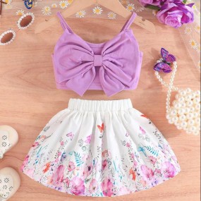 2pcs Baby Girl Summer Set: Bow Strap Top  Floral Print Skirt