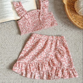 SHEIN 2 Pieces Cute Floral & Bow Pattern Casual Outfit For Baby Girl