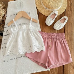 SHEIN LMoss Baby Girl 2pcs Baby Girl Cute Embroidered Ruffle Tank Top And Shorts Set, Summer