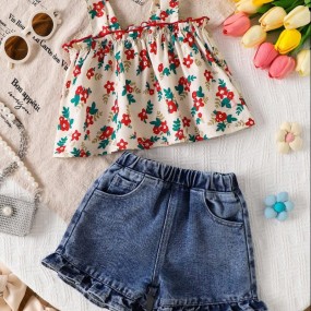 2pcs Baby Girls Fashion Minimalist Elegant Ditsy Floral Strap Top & Ruffle Denim Shorts Set, Summer