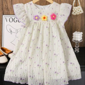Young Girl Floral Decor Cap Sleeve Dress For Spring Summer, Suitable For School, Daily Wear, Vacation