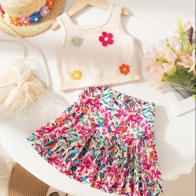 Young Girls Lightweight Summer Knit Waffle Crochet Flower Decor Loose Top And Ditsy Floral Flared Skirt 2 Pieces Set