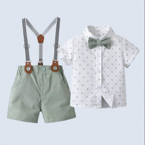 Baby Boy 2pcs Gentleman Set With Short Sleeve Collared Shirt, Bow Tie And Suspenders Shorts, Suitable For Birthday Party, Wedding, Banquet, Performance, Summer