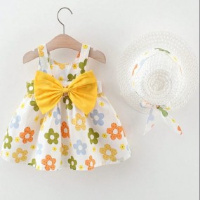 New Summer Printed Sleeveless Dress With Solid Color Big Bowknot Back And Hat For Baby Girls, 2pcs Set Princess Dress