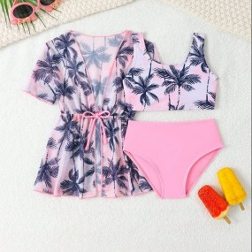 3pcs Baby Girls' Tropical Beach Floral Print Bikini Set With Cover Up