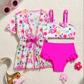 3pcs Baby Girl Summer Vacation Flamingo Print Swimsuit Set With Cover-Up