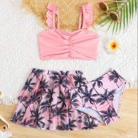 Young Girl Solid Color Pleated Simple Bikini Top And Bottom Swimwear Set