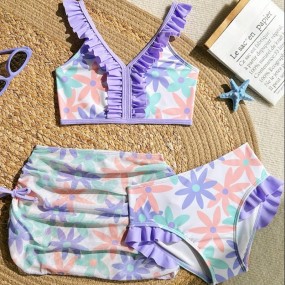 Young Girl Floral Print Ruffled Hem Bikini Set With Coverup & Sarong Skirt