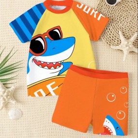 Young Boy Casual Loose Cartoon Pattern Crew Neck Short Sleeve T-Shirt & Shorts Swimsuit Set, Summer
