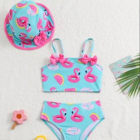 Young Girl Flamingo Print Bikini Set With Bowknot Decor & Hat For Beach Vacation