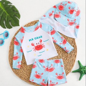 Baby Boy Summer Crab Print Top & Random Print Swim Trunks Swimsuit Set With Swimming Cap