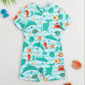Baby Boy Cartoon Dolphin Print One Piece Swimsuit With Shorts Summer Clothes For Baby Boys Baby Beach Clothes Baby Beach Clothes Boy Baby Boy Clothes Beach Baby Beach Wear