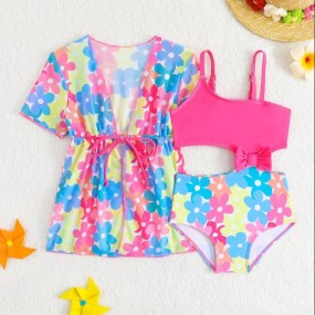 SHEIN 2pcs Baby Girls Swimsuit Set, Cute Strawberry Print & Bow Decor One-Piece Swimwear With Sunscreen Cover Up