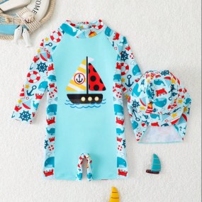 SHEIN Baby Boy Cute Cartoon Sailboat Print Long Sleeve Rash Guard Swimsuit With Sun Hat, Suitable For Beach, Surfing, Swimming, Travel And Vacation