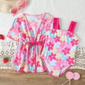 Baby Girl Floral Print One Piece Swimsuit With Cover Up