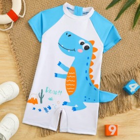 Baby Boy Cartoon Dinosaur Print Raglan Short Sleeve Rash Guard & Swim Trunks Set